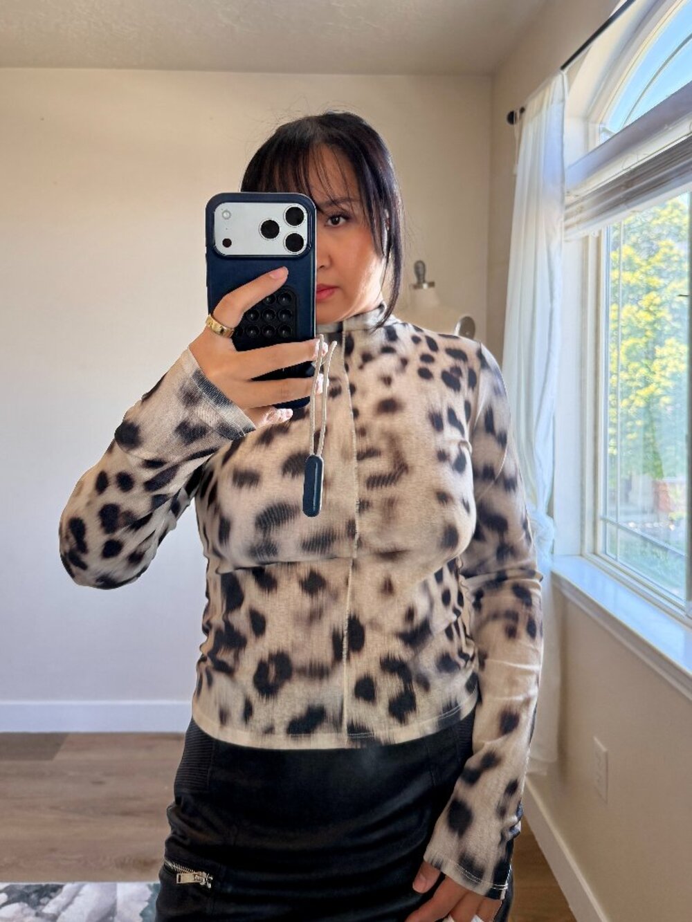 Habitual Animal Print Top | Sheer Leopard Mock Neck | Long Sleeve Fitted Top | M